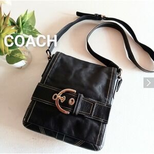 Women's Coach Black Leather Soho Crossbody Bag One Size with White Stitching